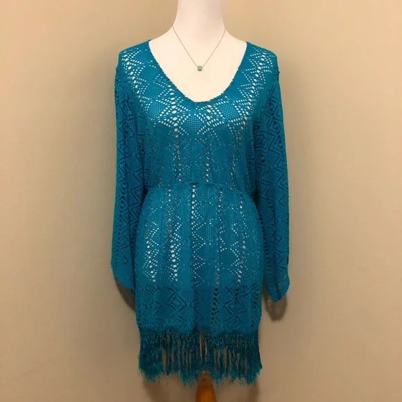 Sessa Turquoise Crochet Swimsuit Coverup w/Tassels,Size-Large - Picture 2 of 6